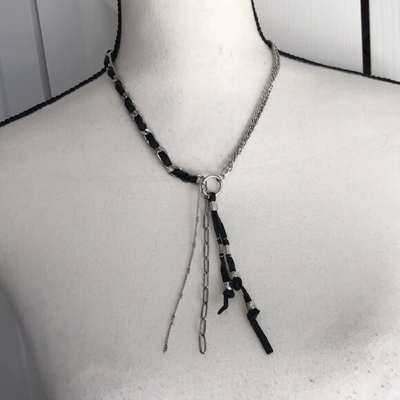 Free People Silver Tone and Black Leather Striped Necklace - Picture 2 of 9